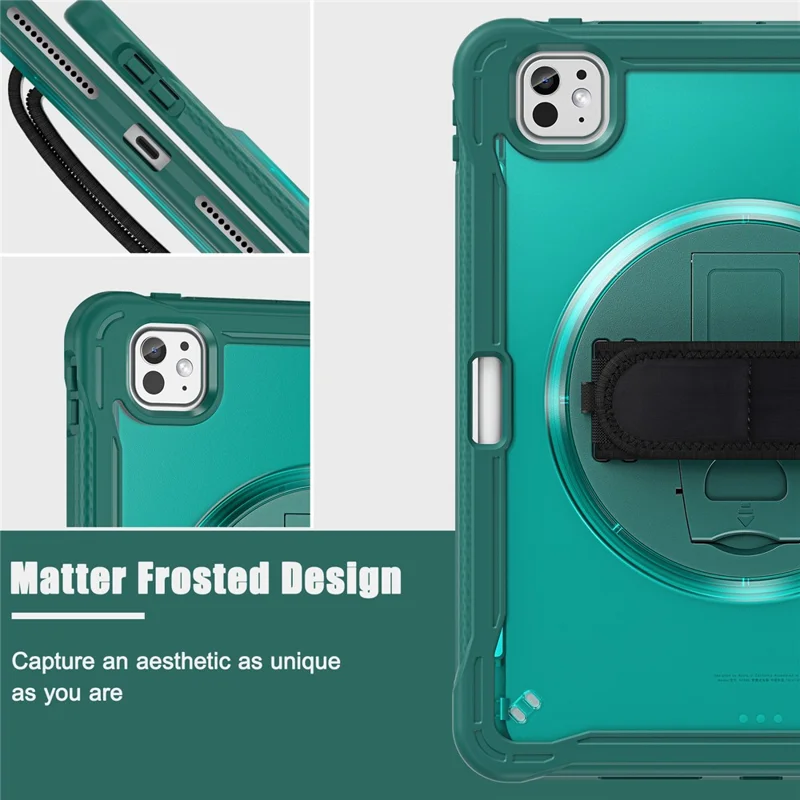 For iPad Pro 11 (2025) / 11 (2024) Case Kickstand PC+TPU+Silicone Tablet Cover with Rotary Hand Strap - Midnight Green