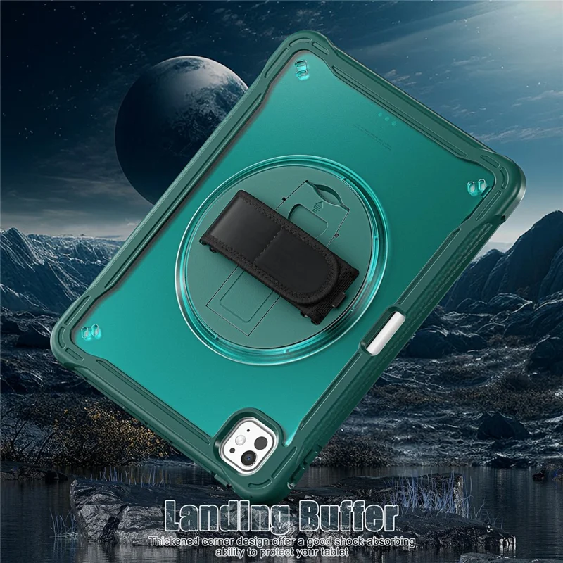 For iPad Pro 11 (2025) / 11 (2024) Case Kickstand PC+TPU+Silicone Tablet Cover with Rotary Hand Strap - Midnight Green