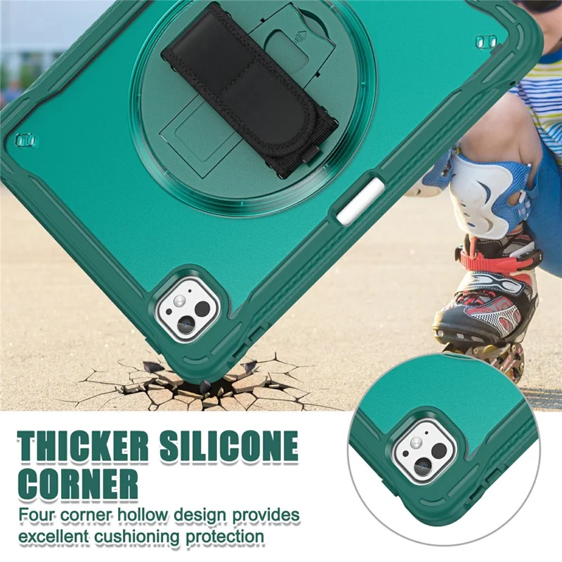 For iPad Pro 11 (2025) / 11 (2024) Case Kickstand PC+TPU+Silicone Tablet Cover with Rotary Hand Strap - Midnight Green