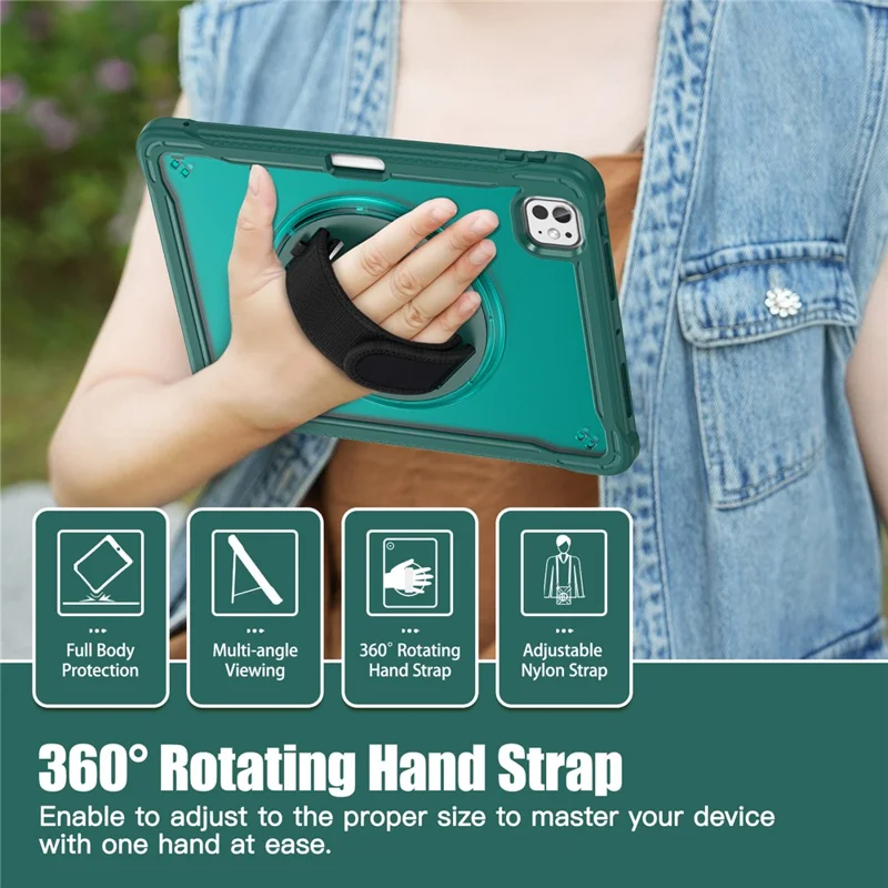 For iPad Pro 11 (2025) / 11 (2024) Case Kickstand PC+TPU+Silicone Tablet Cover with Rotary Hand Strap - Midnight Green