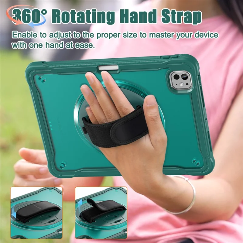For iPad Pro 11 (2025) / 11 (2024) Case Kickstand PC+TPU+Silicone Tablet Cover with Rotary Hand Strap - Midnight Green