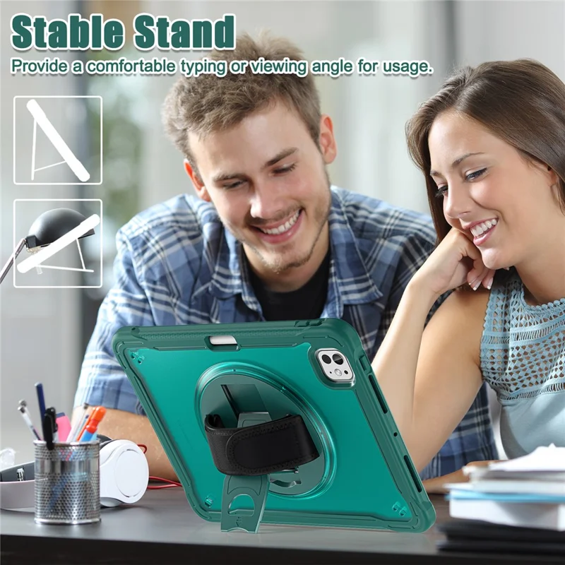 For iPad Pro 11 (2025) / 11 (2024) Case Kickstand PC+TPU+Silicone Tablet Cover with Rotary Hand Strap - Midnight Green