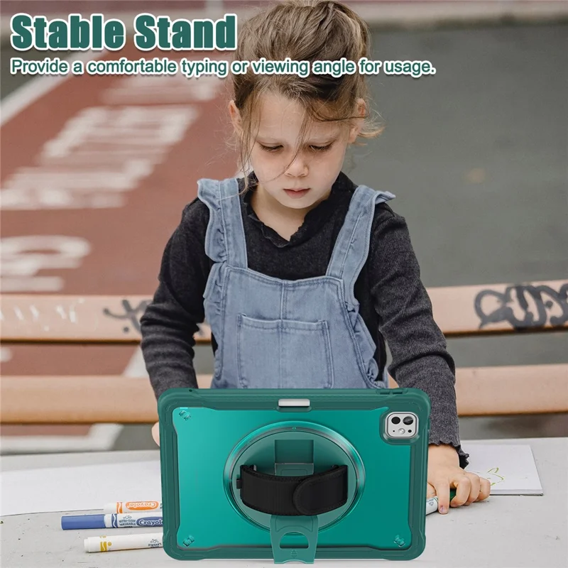 For iPad Pro 11 (2025) / 11 (2024) Case Kickstand PC+TPU+Silicone Tablet Cover with Rotary Hand Strap - Midnight Green
