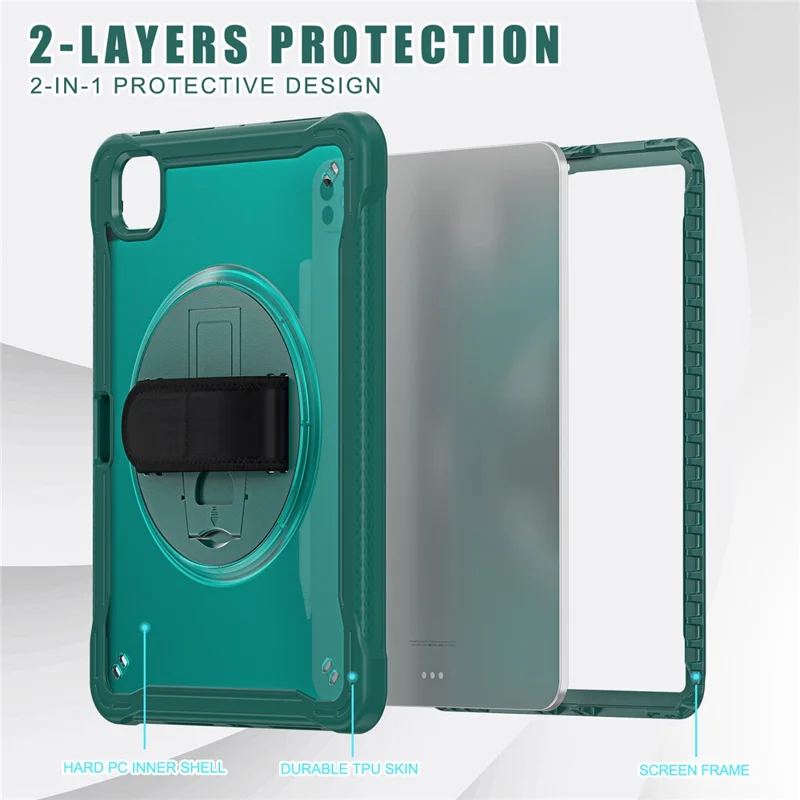 For iPad Pro 11 (2025) / 11 (2024) Case Kickstand PC+TPU+Silicone Tablet Cover with Rotary Hand Strap - Midnight Green