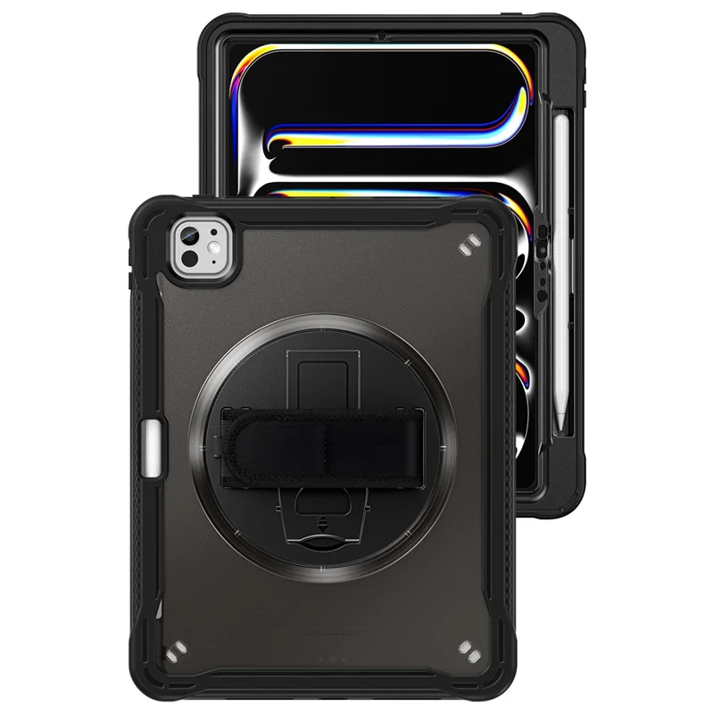 For iPad Pro 11 (2025) / 11 (2024) Case Kickstand PC+TPU+Silicone Tablet Cover with Rotary Hand Strap - Transparent Black