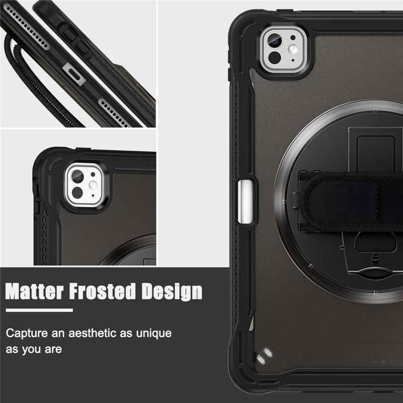 For iPad Pro 11 (2025) / 11 (2024) Case Kickstand PC+TPU+Silicone Tablet Cover with Rotary Hand Strap - Transparent Black