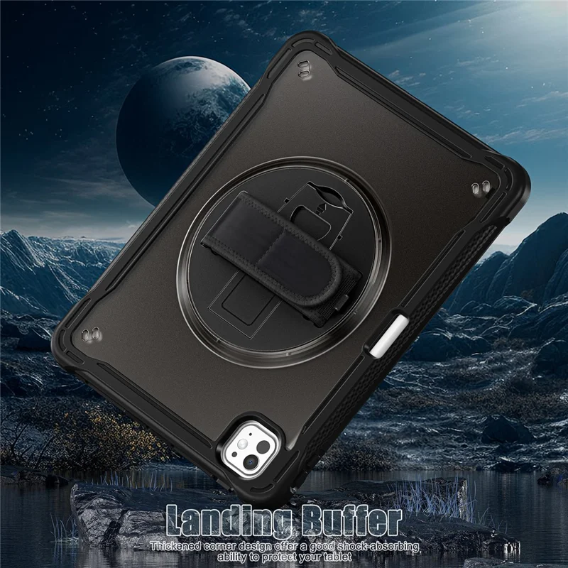 For iPad Pro 11 (2025) / 11 (2024) Case Kickstand PC+TPU+Silicone Tablet Cover with Rotary Hand Strap - Transparent Black