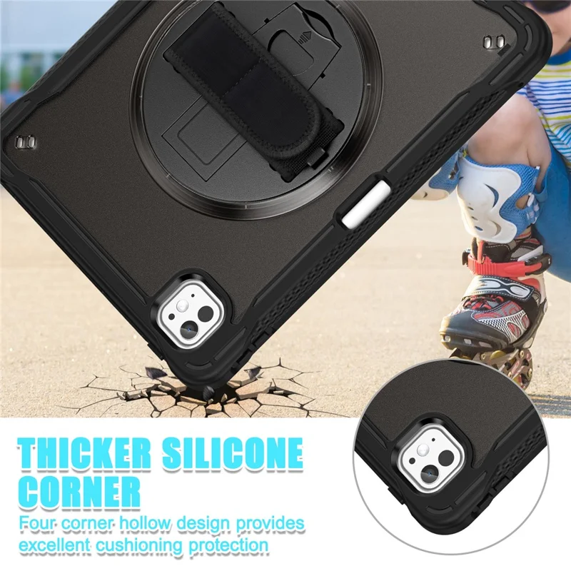 For iPad Pro 11 (2025) / 11 (2024) Case Kickstand PC+TPU+Silicone Tablet Cover with Rotary Hand Strap - Transparent Black