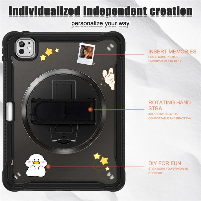 For iPad Pro 11 (2025) / 11 (2024) Case Kickstand PC+TPU+Silicone Tablet Cover with Rotary Hand Strap - Transparent Black