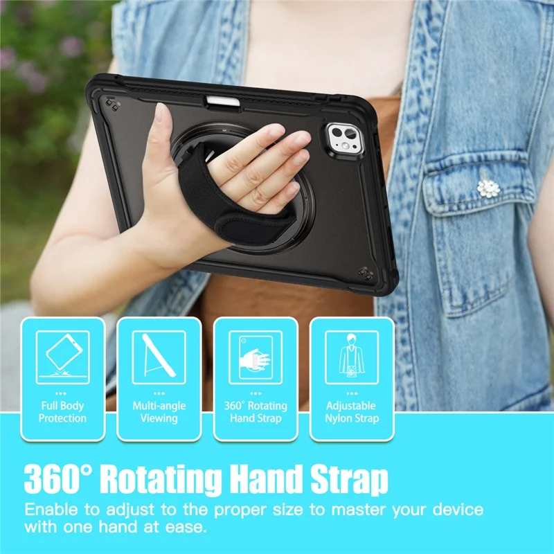 For iPad Pro 11 (2025) / 11 (2024) Case Kickstand PC+TPU+Silicone Tablet Cover with Rotary Hand Strap - Transparent Black