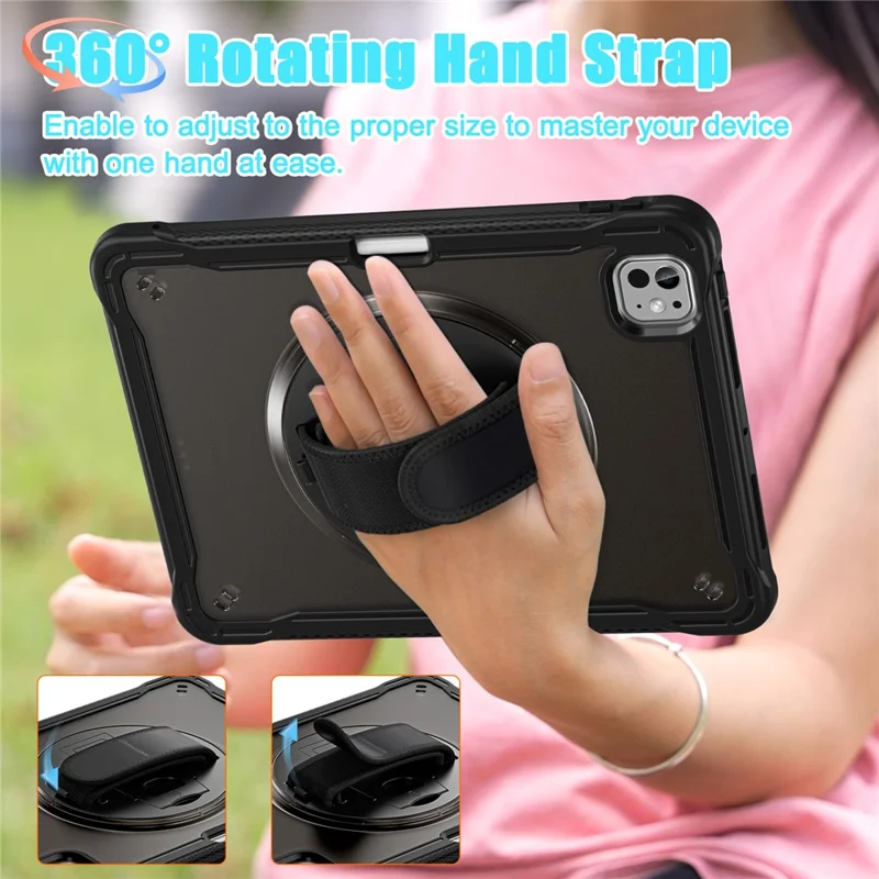 For iPad Pro 11 (2025) / 11 (2024) Case Kickstand PC+TPU+Silicone Tablet Cover with Rotary Hand Strap - Transparent Black