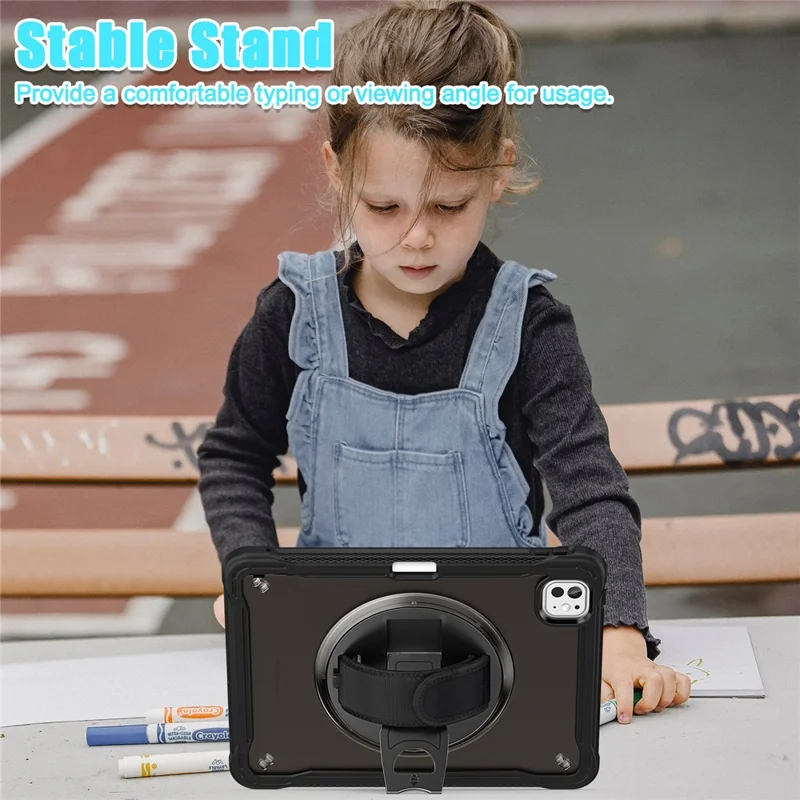 For iPad Pro 11 (2025) / 11 (2024) Case Kickstand PC+TPU+Silicone Tablet Cover with Rotary Hand Strap - Transparent Black