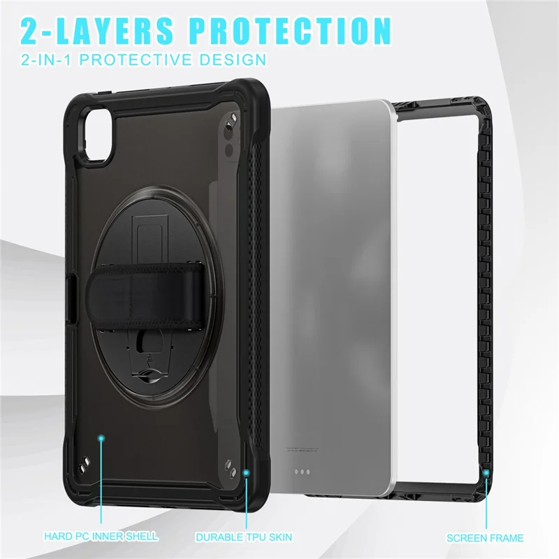 For iPad Pro 11 (2025) / 11 (2024) Case Kickstand PC+TPU+Silicone Tablet Cover with Rotary Hand Strap - Transparent Black