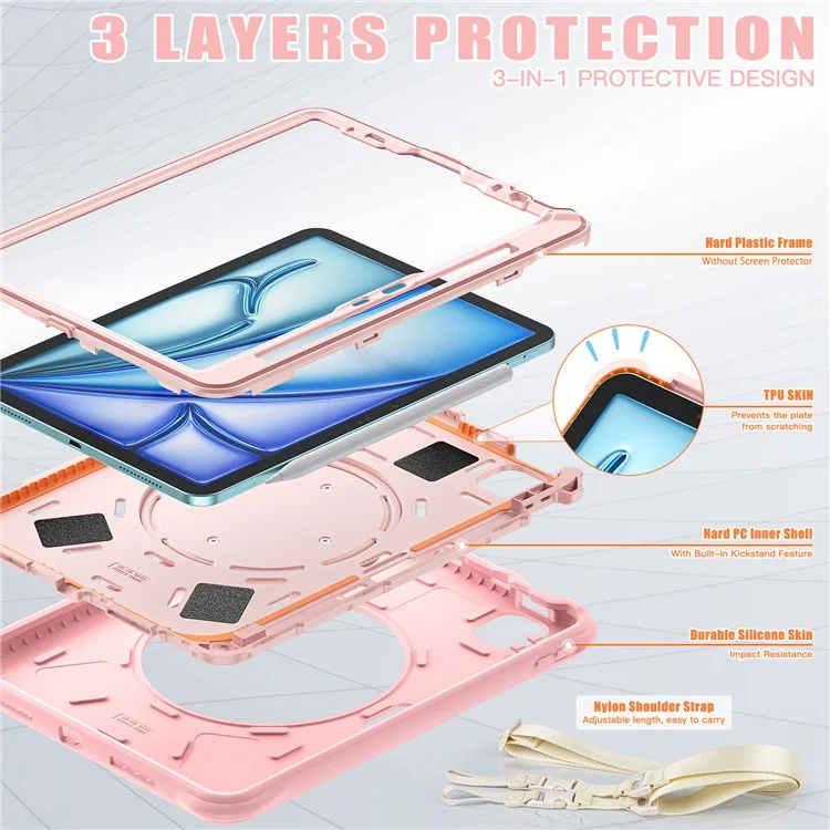 Para iPad Air 11 (2024) / Air (2022) / (2020) / iPad Pro 11 (2022) / (2021) / (2020) / (2018) Kickstand Case with Shoulder Strap - Rosa