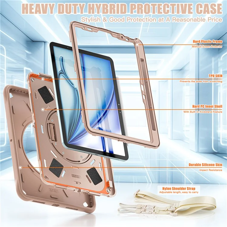 For iPad Air 11 (2025) / (2024) / Air (2022) / (2020) / Pro 11 (2022) / (2021) / (2020) / (2018) Case Kickstand with Shoulder Strap - Latte Color