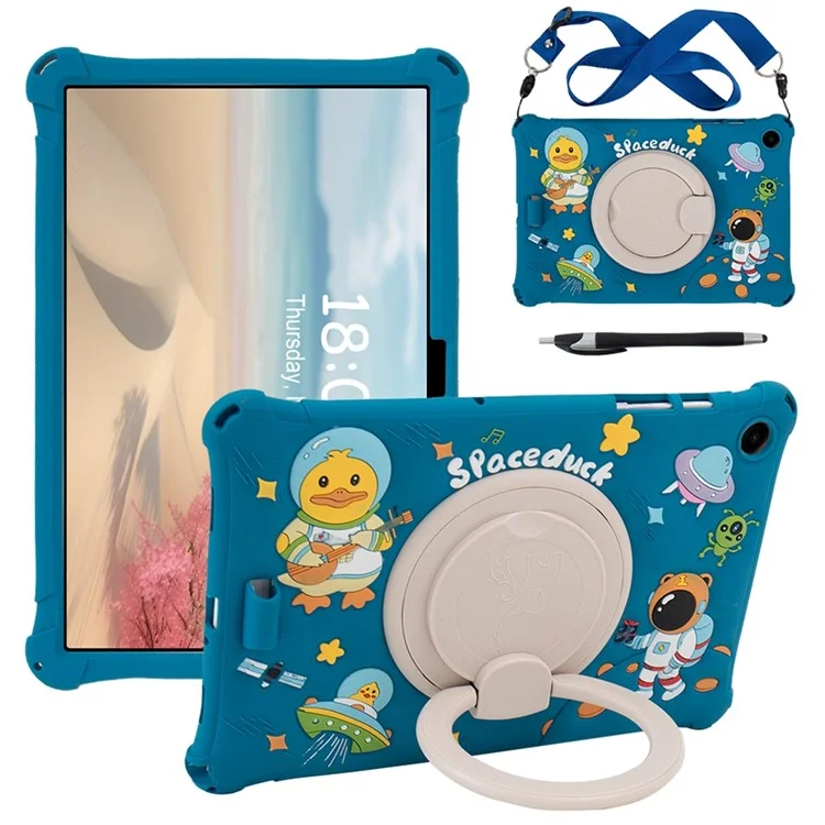 For Samsung Galaxy Tab A9+ X216 Case Rotatable Kickstand Cute Cartoon Silicone Tablet Cover with Lanyard - Green