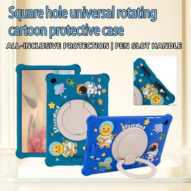 For Samsung Galaxy Tab A9+ X216 Case Rotatable Kickstand Cute Cartoon Silicone Tablet Cover with Lanyard - Green