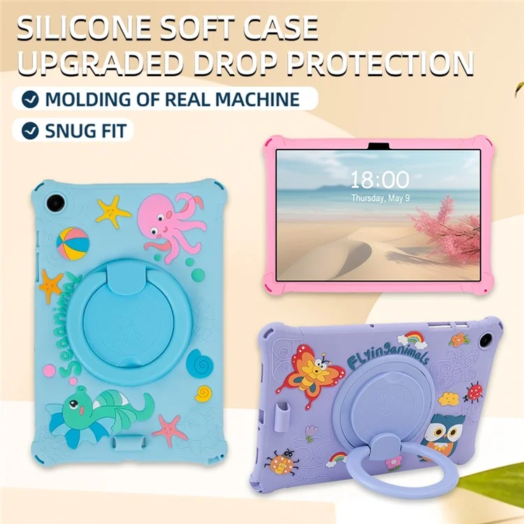 For Samsung Galaxy Tab A9+ X216 Case Rotatable Kickstand Cute Cartoon Silicone Tablet Cover with Lanyard - Green
