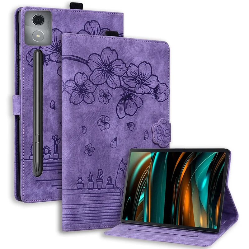 For Lenovo Xiaoxin Pad Pro 12.7 inch Case Card Slots Leather Tablet Stand Folio Cover Flower Cat - Purple