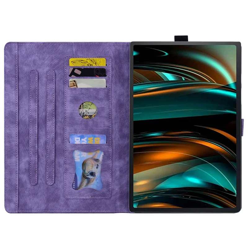 For Lenovo Xiaoxin Pad Pro 12.7 inch Case Card Slots Leather Tablet Stand Folio Cover Flower Cat - Purple