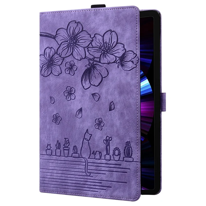 For Lenovo Xiaoxin Pad Pro 12.7 inch Case Card Slots Leather Tablet Stand Folio Cover Flower Cat - Purple
