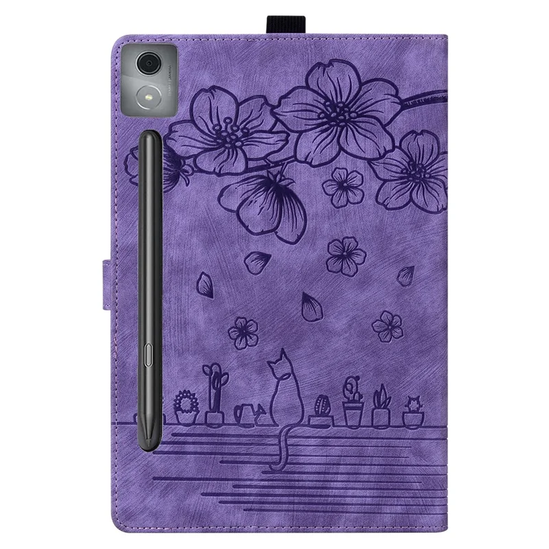 For Lenovo Xiaoxin Pad Pro 12.7 inch Case Card Slots Leather Tablet Stand Folio Cover Flower Cat - Purple