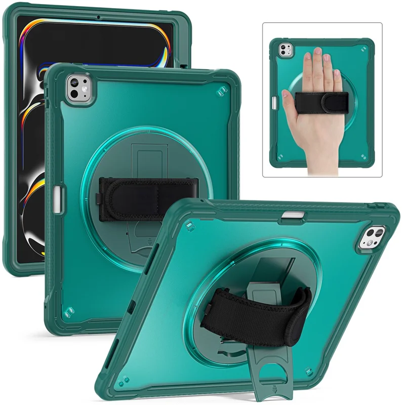 Para Ipad Pro 13 (2024) Kickstand Pc+tpu+tampa do Tablet de Silicone Com Correia de Mão Rotativa - Midnight Green