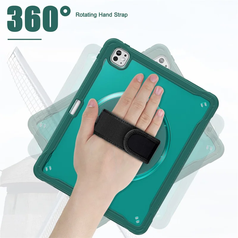 Para Ipad Pro 13 (2024) Kickstand Pc+tpu+tampa do Tablet de Silicone Com Correia de Mão Rotativa - Midnight Green