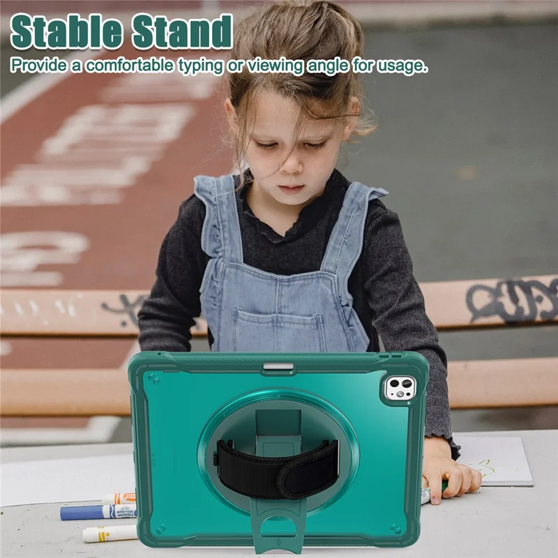 Para Ipad Pro 13 (2024) Kickstand Pc+tpu+tampa do Tablet de Silicone Com Correia de Mão Rotativa - Midnight Green