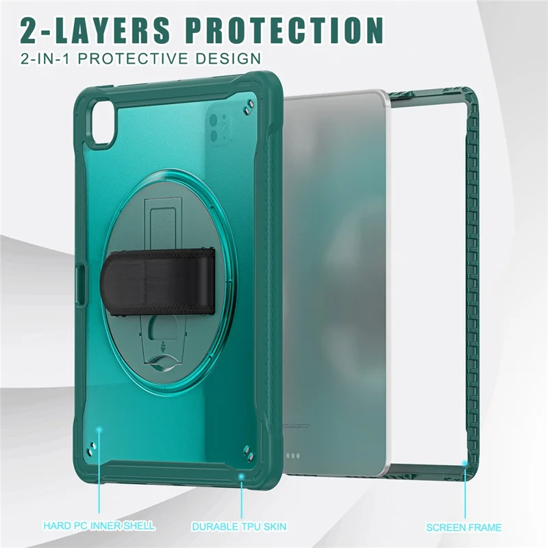 Para Ipad Pro 13 (2024) Kickstand Pc+tpu+tampa do Tablet de Silicone Com Correia de Mão Rotativa - Midnight Green