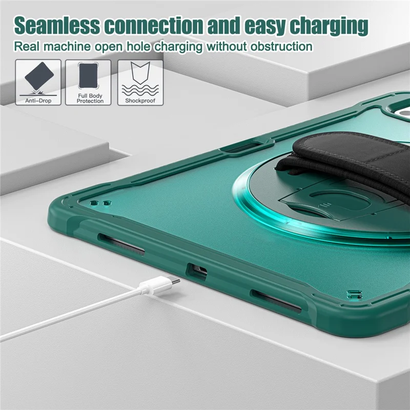 Para Ipad Pro 13 (2024) Kickstand Pc+tpu+tampa do Tablet de Silicone Com Correia de Mão Rotativa - Midnight Green
