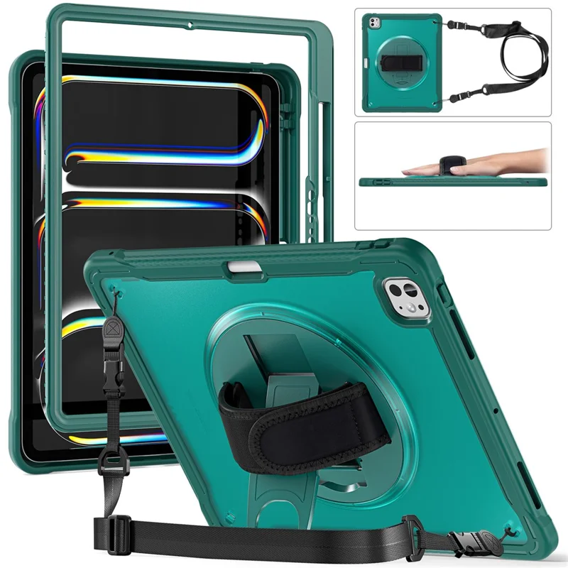 For iPad Pro 13 (2024) Case Hand Strap Kickstand PC+TPU+Silicone Cover with Shoulder Strap - Midnight Green
