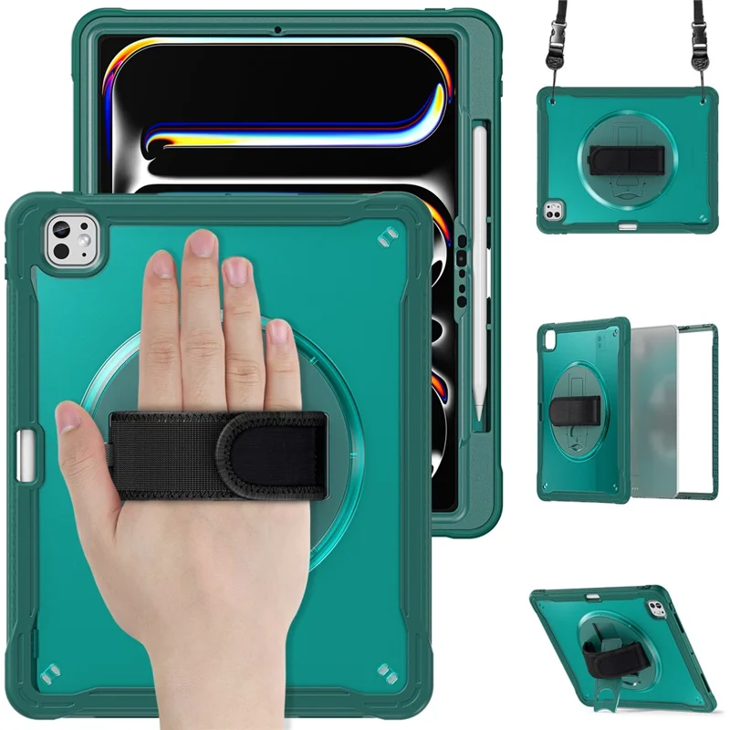 For iPad Pro 13 (2024) Case Hand Strap Kickstand PC+TPU+Silicone Cover with Shoulder Strap - Midnight Green