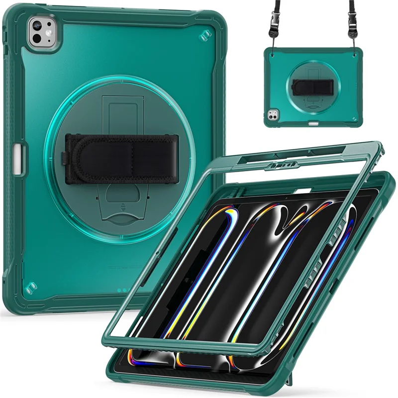 For iPad Pro 13 (2024) Case Hand Strap Kickstand PC+TPU+Silicone Cover with Shoulder Strap - Midnight Green