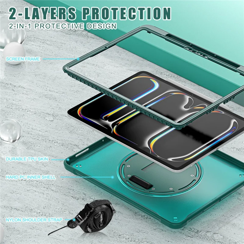 For iPad Pro 13 (2024) Case Hand Strap Kickstand PC+TPU+Silicone Cover with Shoulder Strap - Midnight Green
