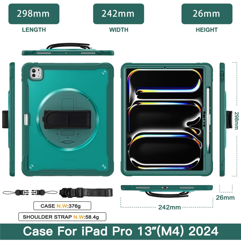 For iPad Pro 13 (2024) Case Hand Strap Kickstand PC+TPU+Silicone Cover with Shoulder Strap - Midnight Green