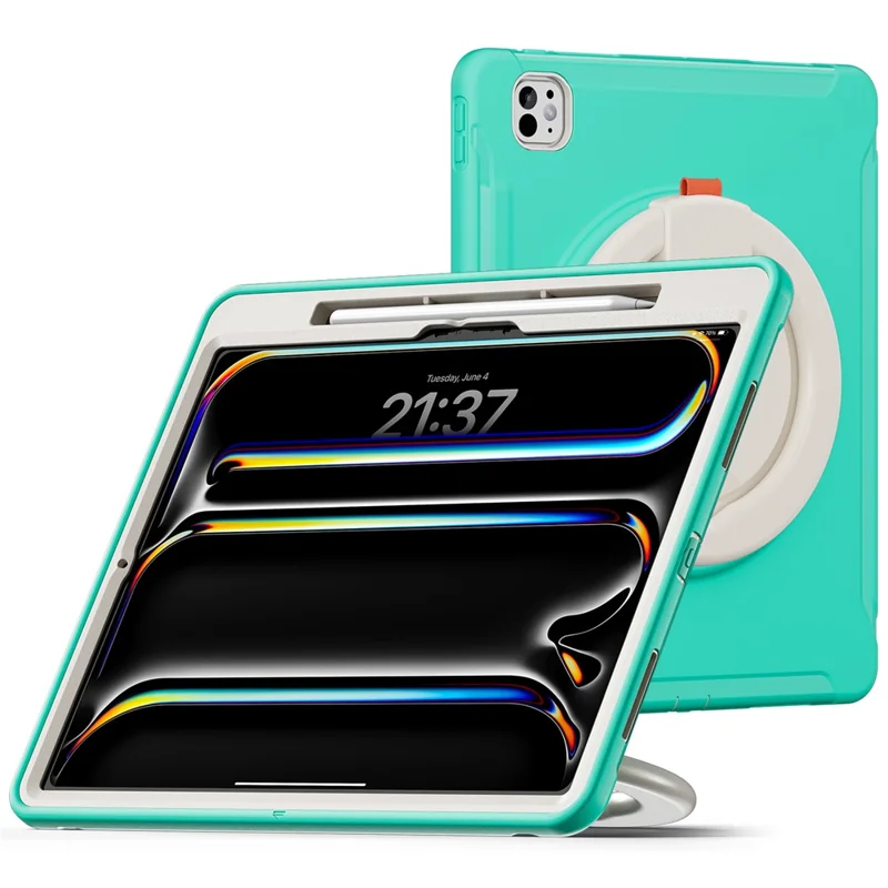 For iPad Pro 13 (2025) / (2024) Case Hand Grip Kickstand PC+TPU Cover with Pen Slot - Mint Green