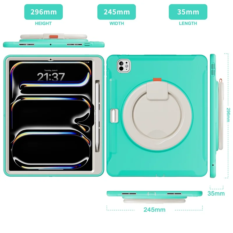 For iPad Pro 13 (2025) / (2024) Case Hand Grip Kickstand PC+TPU Cover with Pen Slot - Mint Green