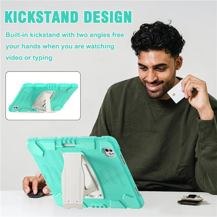 For iPad Pro 13 (2024) Kickstand Case PC+Silicone Anti-Drop Tablet Cover - Mint Green