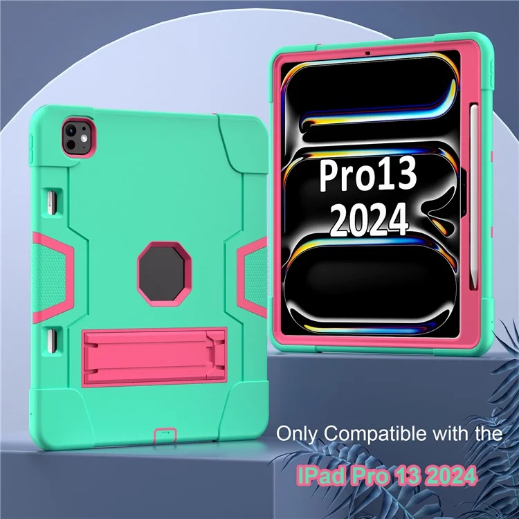For iPad Pro 13 (2024) Case Robot Style Silicone + PC Tablet Cover with Kickstand - Mint Green / Rose