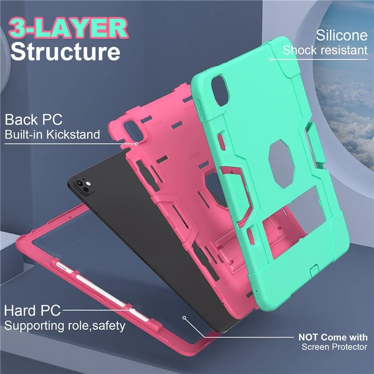 For iPad Pro 13 (2024) Case Robot Style Silicone + PC Tablet Cover with Kickstand - Mint Green / Rose