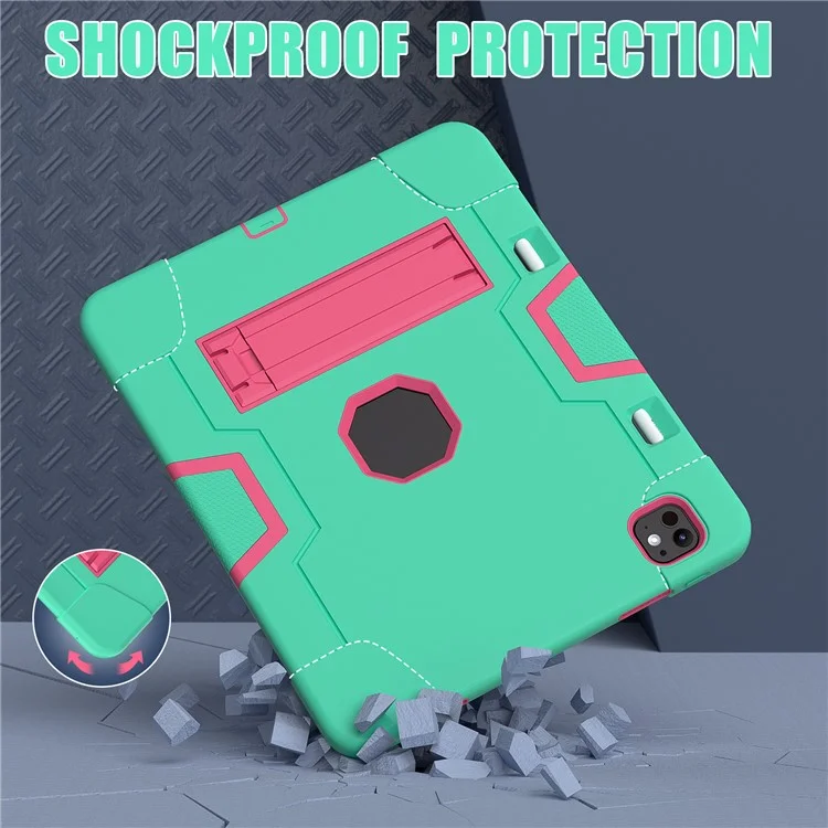 For iPad Pro 13 (2024) Case Robot Style Silicone + PC Tablet Cover with Kickstand - Mint Green / Rose