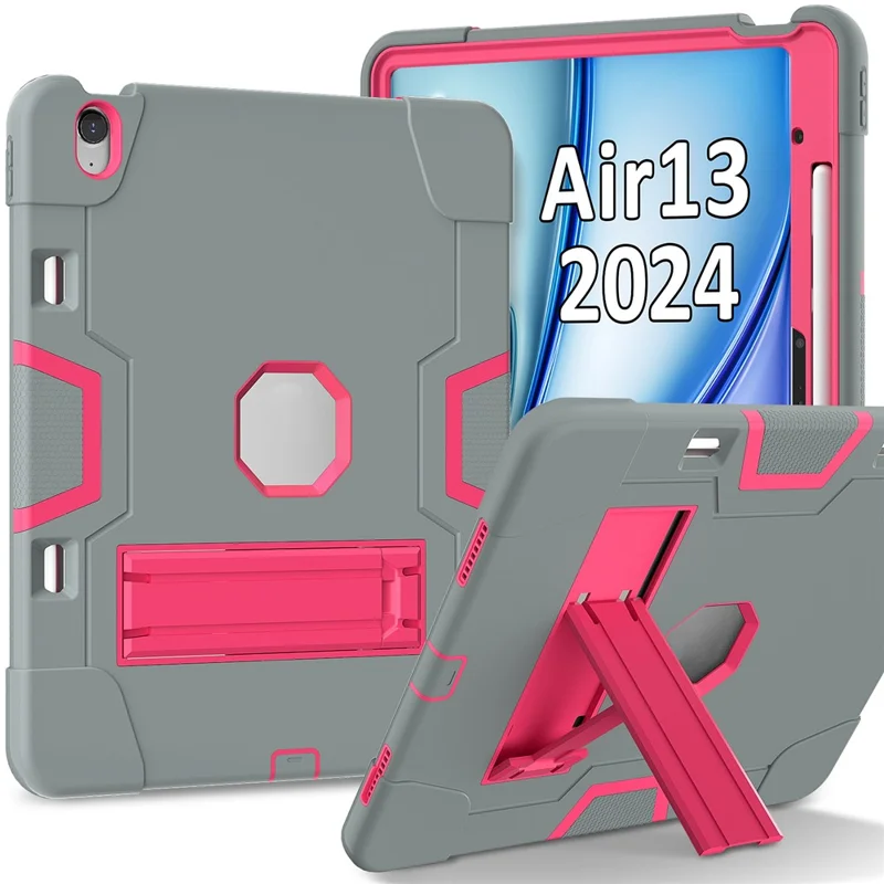 For iPad Air 13 (2026) / (2025) / (2024) Case Robot Style Silicone + PC Tablet Cover with Kickstand - Grey / Rose