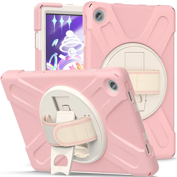 Pour Lenovo Tab M10 Plus (3e génération) / Xiaoxin Pad 2022 10,6 pouces TB-125F / 128F Étui de tablette pivotant à 360 degrés avec poignée anti-chute en PC + Housse de support en silicone - Rose cerisier