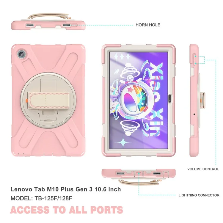 Pour Lenovo Tab M10 Plus (3e génération) / Xiaoxin Pad 2022 10,6 pouces TB-125F / 128F Étui de tablette pivotant à 360 degrés avec poignée anti-chute en PC + Housse de support en silicone - Rose cerisier