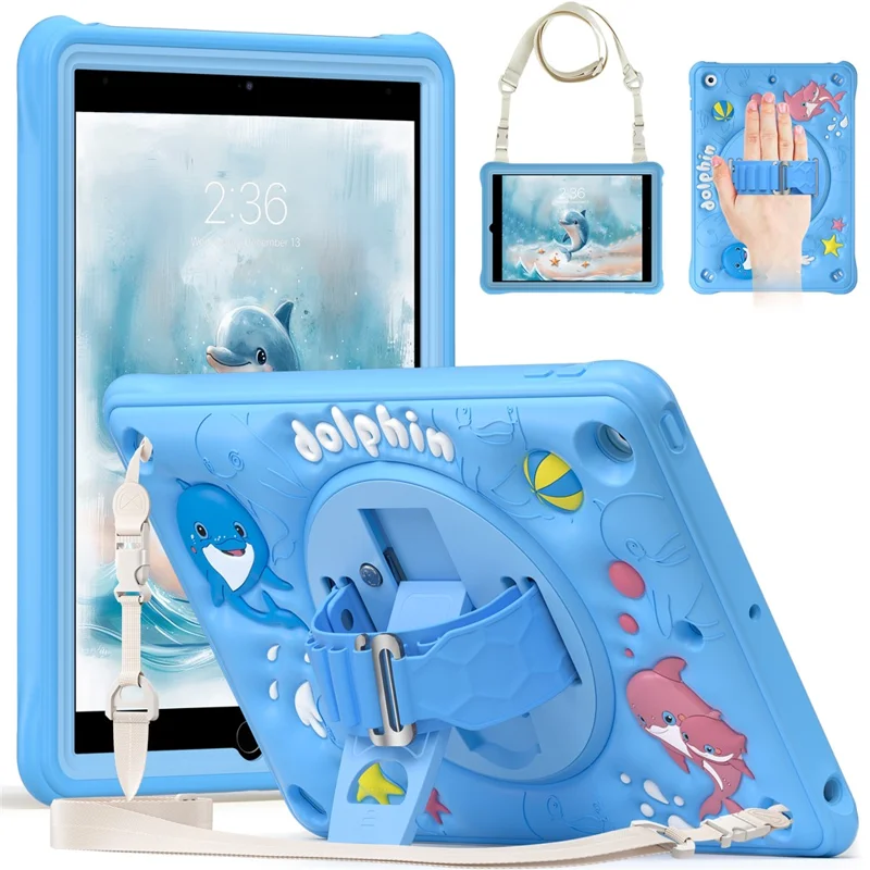 For iPad 10.2 (2021) / (2020) / (2019) Case with Shoulder Strap Kickstand PC+Silicone+TPU Cute Dolphin Cover