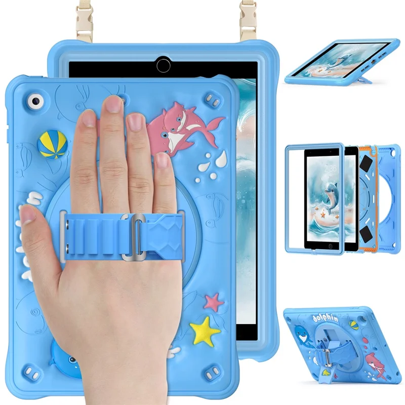 For iPad 10.2 (2021) / (2020) / (2019) Case with Shoulder Strap Kickstand PC+Silicone+TPU Cute Dolphin Cover