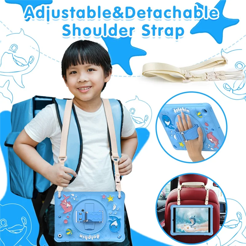For iPad 10.2 (2021) / (2020) / (2019) Case with Shoulder Strap Kickstand PC+Silicone+TPU Cute Dolphin Cover