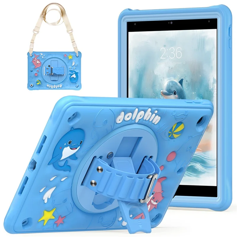 For iPad 10.2 (2021) / (2020) / (2019) Case with Shoulder Strap Kickstand PC+Silicone+TPU Cute Dolphin Cover