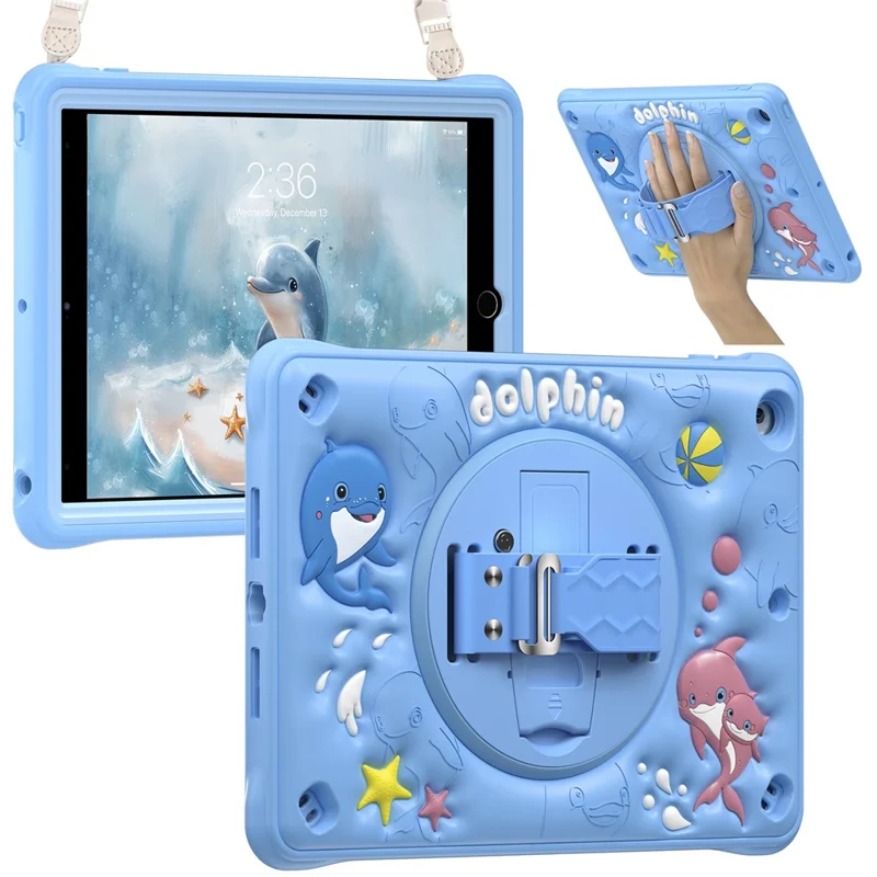 For iPad 10.2 (2021) / (2020) / (2019) Case with Shoulder Strap Kickstand PC+Silicone+TPU Cute Dolphin Cover